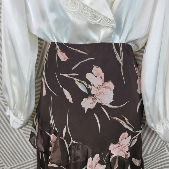 Chaps Floral Skirt Large Ruffle Ralph Lauren Romantic Brown Pink Elastic Waist - Picture 4 of 8